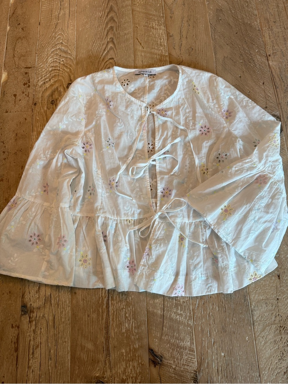 Olivaceious Cotton Eyelet Tie-Front Top in White with Pastel Floral Embroidery M